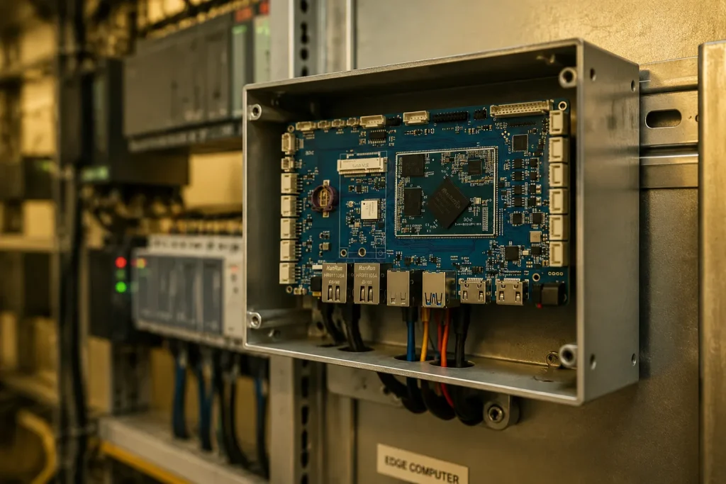 RK3568 industrial IoT gateway board installed in DIN-rail enclosure on factory floor control panel