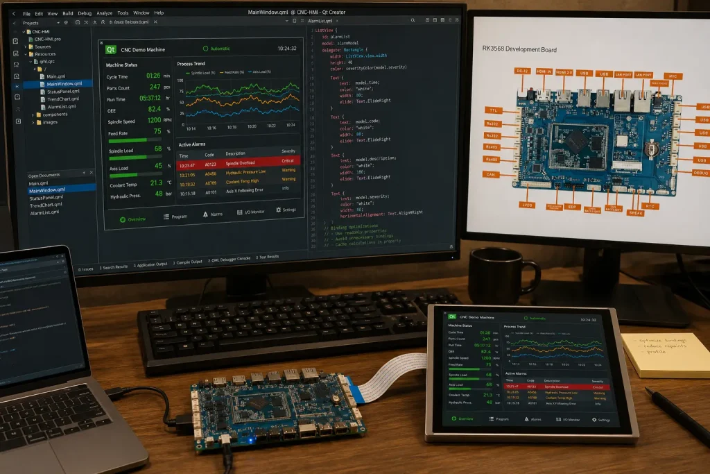 Software engineer developing Qt Quick HMI application for RK3568 industrial panel with Qt Creator IDE and target board connected