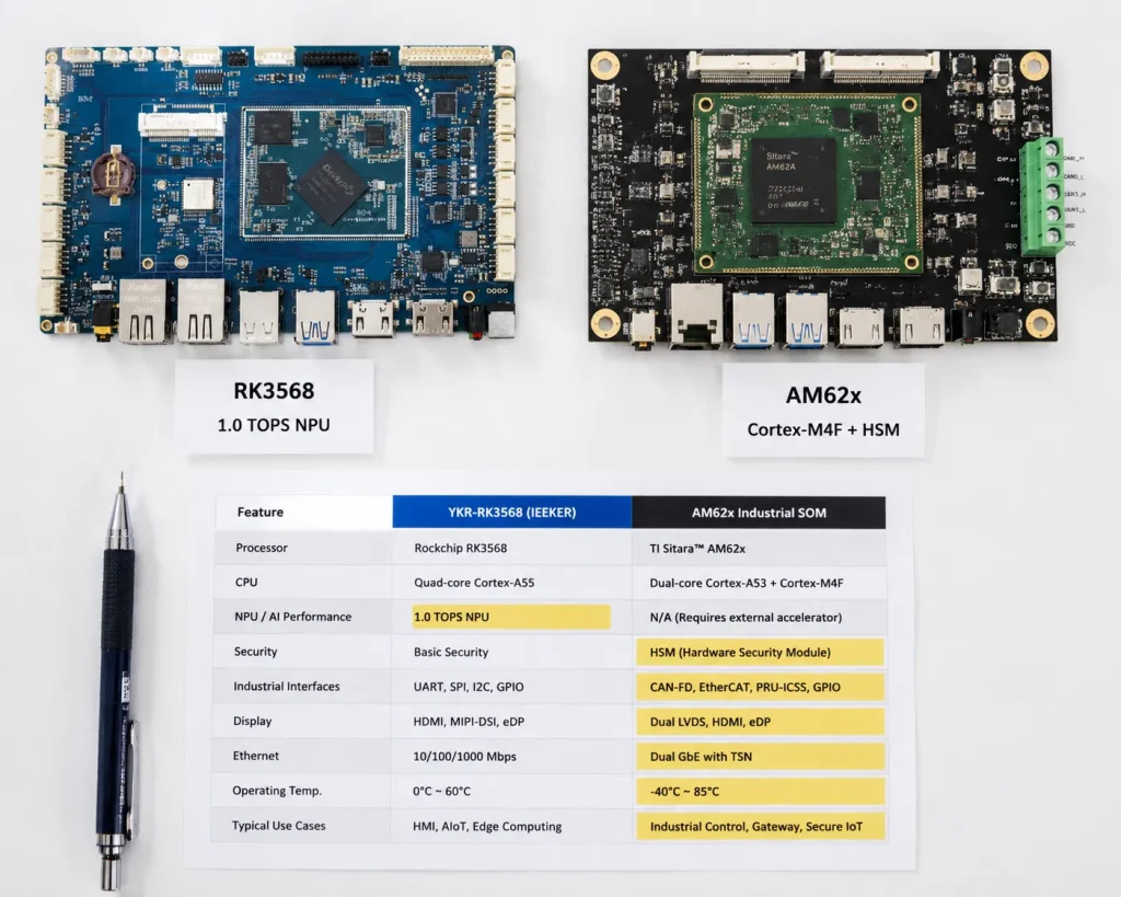 YKR-RK3568 development board and TI AM62x based industrial board placed side by side for SoC comparison