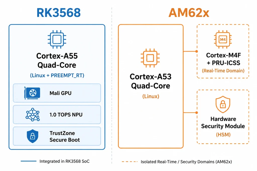 Block diagram comparing RK3568 single-domain architecture versus AM62x heterogeneous architecture with Cortex-M4F and HSM