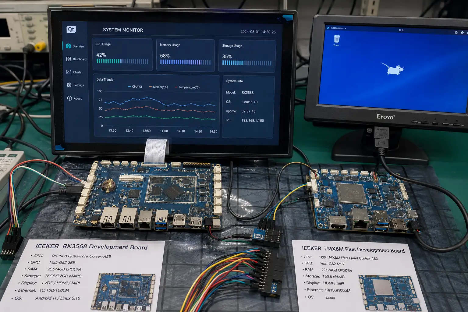 ieeker YKR-RK3568 development board driving 10-inch LVDS industrial display alongside i.MX8M Plus board with single display output