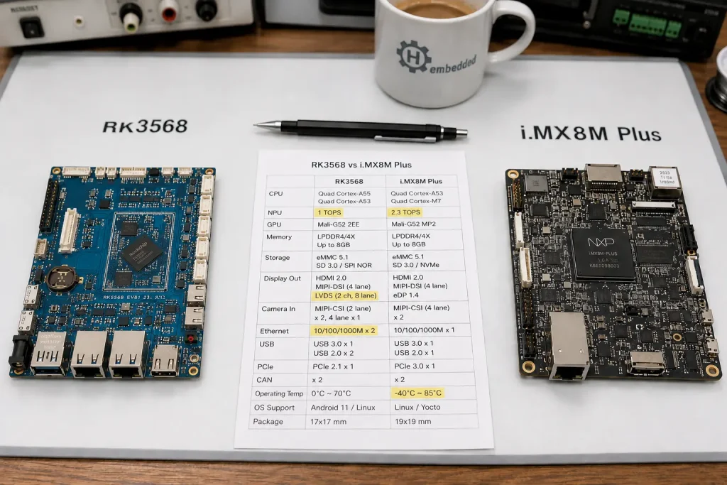 Side-by-side comparison of RK3568 and i.MX8M Plus development boards on engineering desk with specification sheets