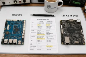 Side-by-side comparison of RK3568 and i.MX8M Plus development boards on engineering desk with specification sheets