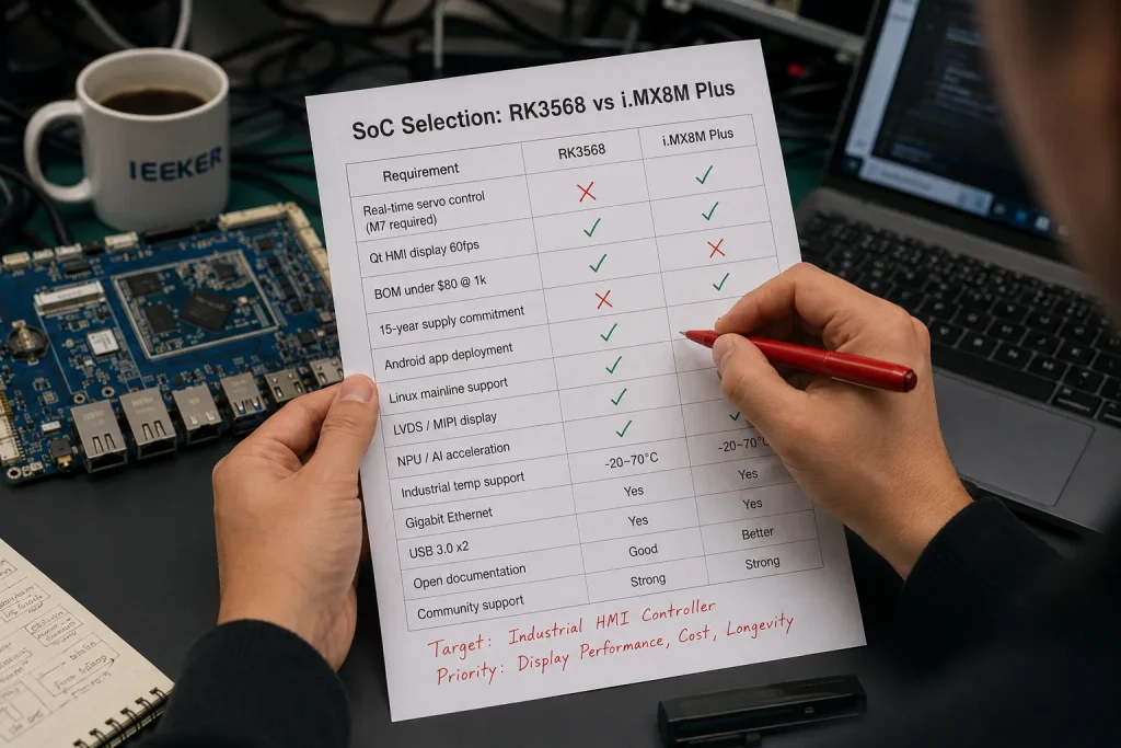 Engineer marking decision criteria on a printed RK3568 vs i.MX8M Plus comparison checklist at engineering workstation