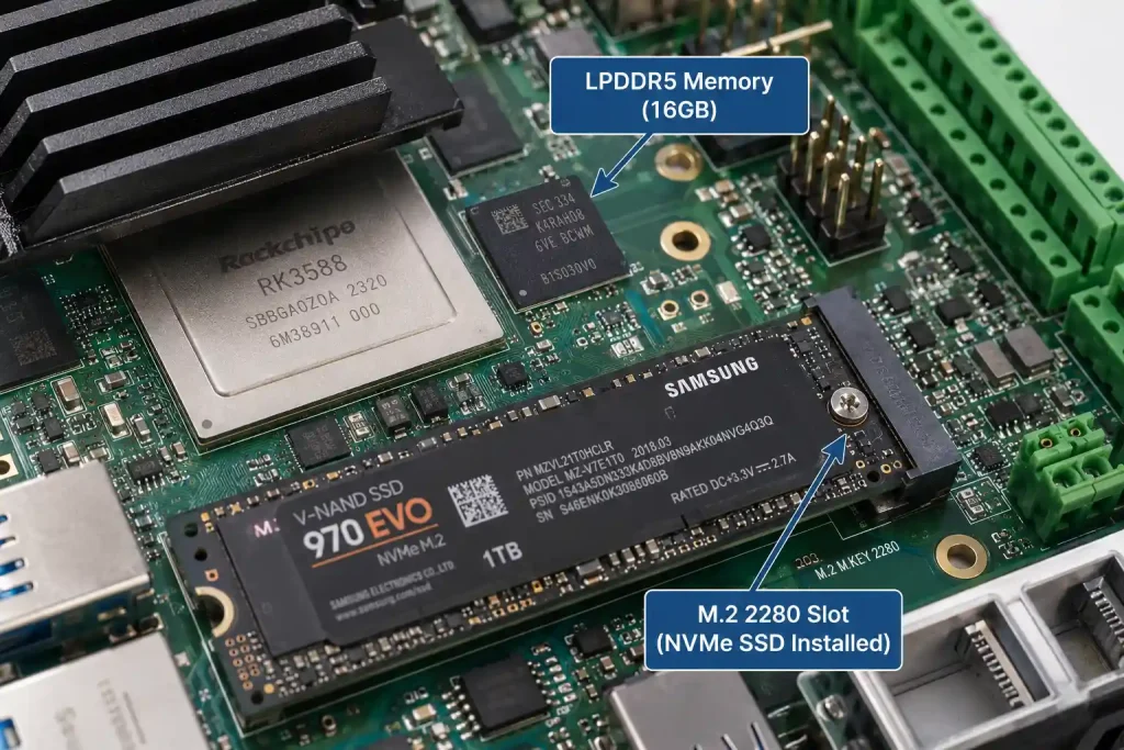 Close-up of RK3588 development board showing LPDDR5 memory chip and M.2 NVMe SSD slot with installed drive