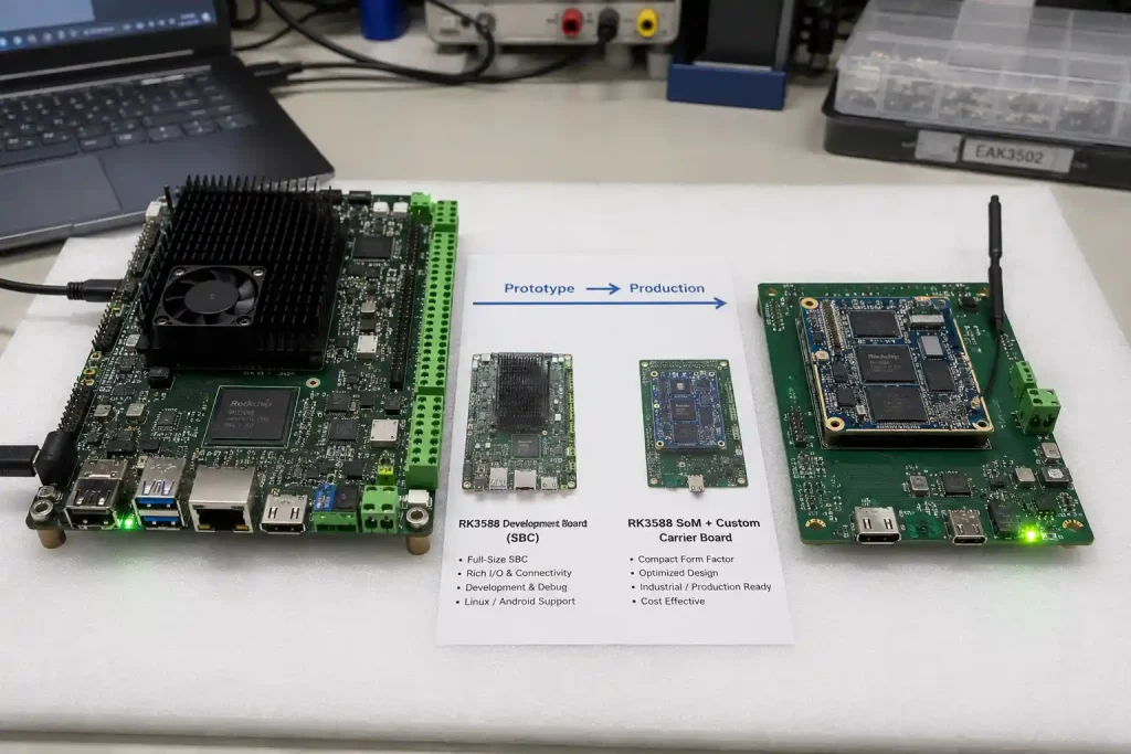 RK3588 full SBC development board next to matching RK3588 SoM module on custom carrier board showing production transition path