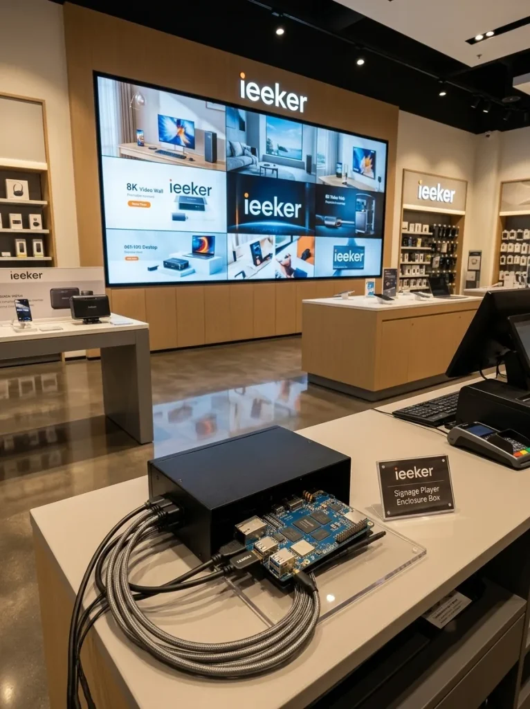 RK3588 development board connected to four screens showing a retail video wall digital signage installation