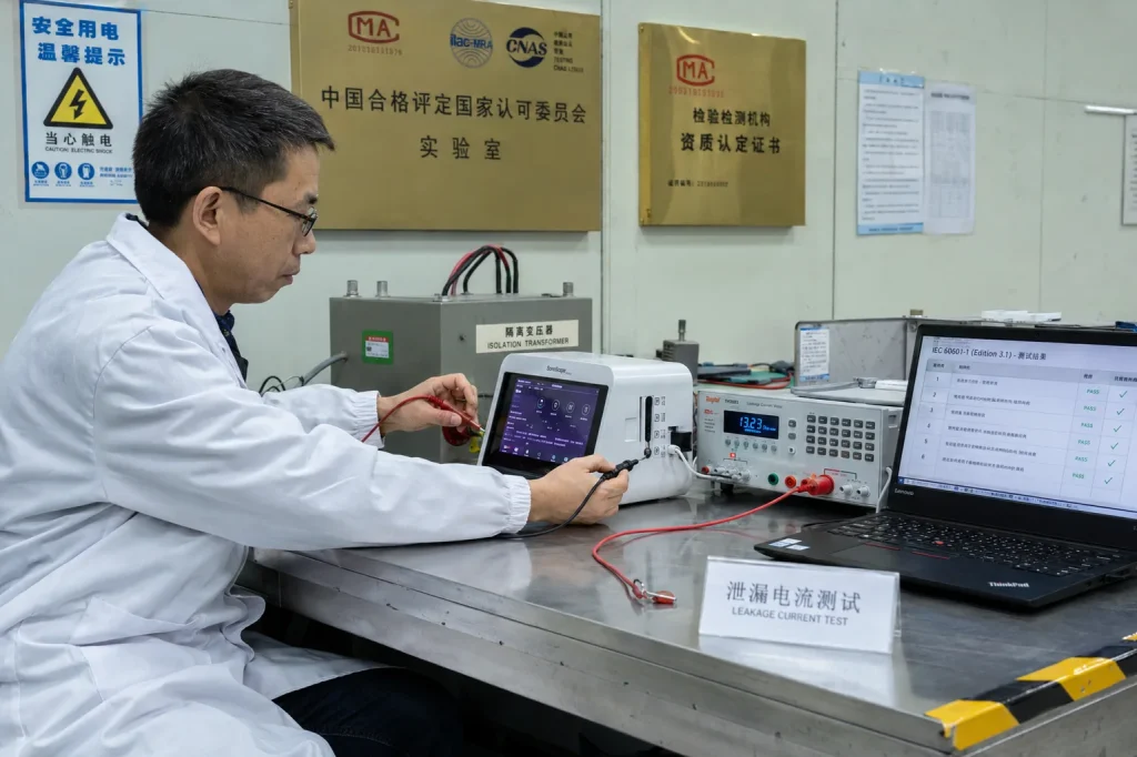 Chinese electrical engineer conducting IEC 60601-1 electrical safety and EMC compliance testing on RK3588-based portable medical imaging device prototype in accredited Chinese testing laboratory