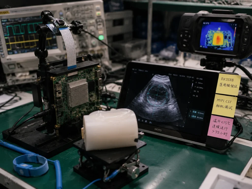 RK3588 industrial development board connected to MIPI camera module and medical display on engineering workbench in Shenzhen medical device R&D laboratory showing ISP and NPU hardware setup