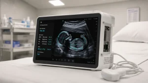 RK3588 industrial SBC embedded inside a portable point-of-care ultrasound terminal showing AI diagnostic overlay with fetal measurement annotations on clinical display in hospital setting