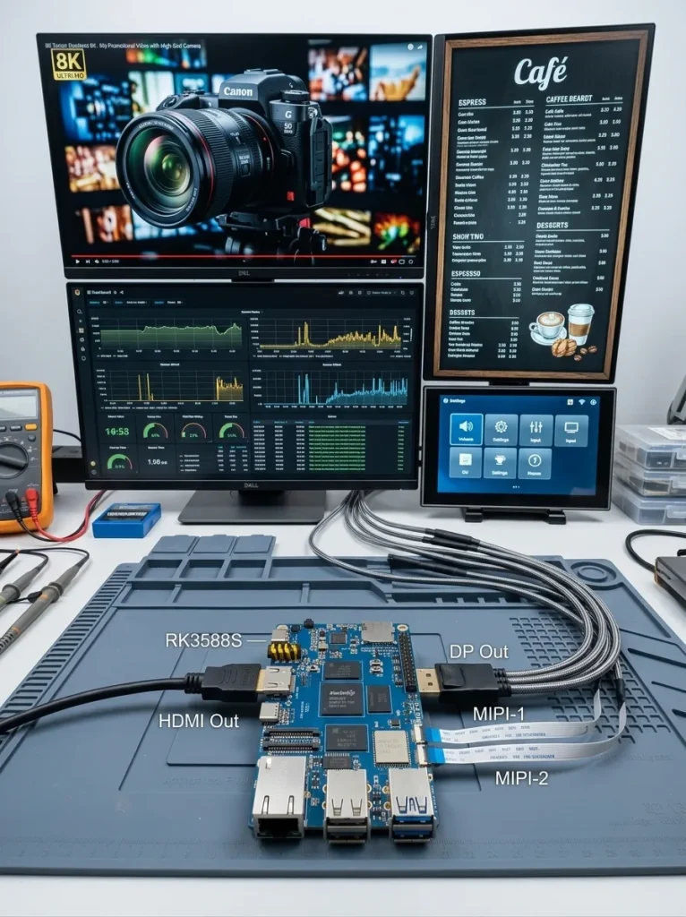 RK3588 development board with four HDMI and DP cables connected to four displays showing different signage content