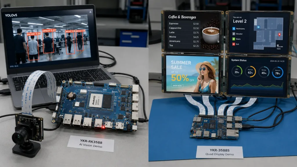 YKR-RK3588 board running multi-camera AI inference next to YKR-3588S driving four-screen signage display