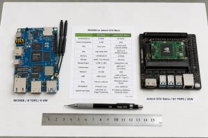 RK3588 development board and Jetson Orin Nano placed side by side on engineering desk for edge AI platform comparison