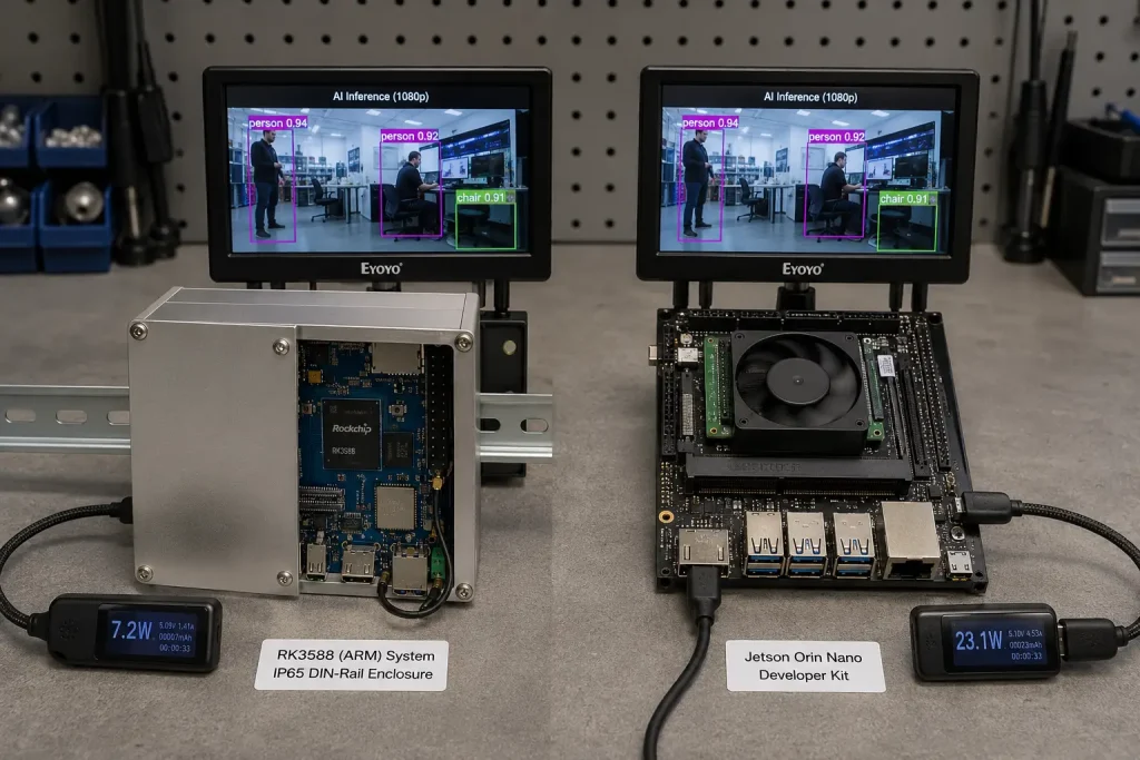 RK3588 board in sealed fanless DIN-rail enclosure next to Jetson Orin Nano with active cooling fan showing power consumption difference