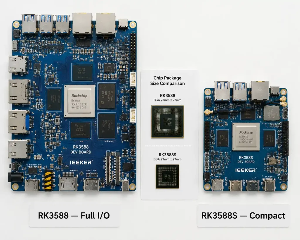ieeker YKR-RK3588 development board next to ieeker YKR-3588S all-in-one board showing package and form factor difference