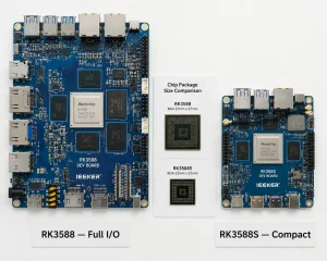 ieeker YKR-RK3588 development board next to ieeker YKR-3588S all-in-one board showing package and form factor difference