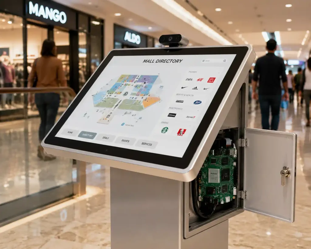 YKR-3588S all-in-one board powering an 11-inch interactive directory kiosk in a shopping mall