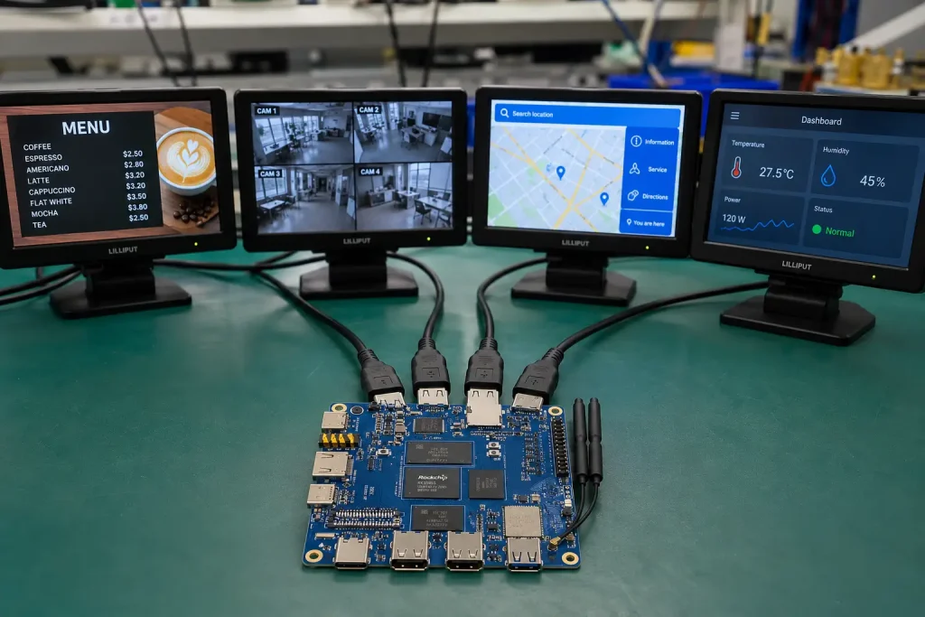 ieeker YKR-3588S all-in-one RK3588S SBC driving four independent displays for digital signage