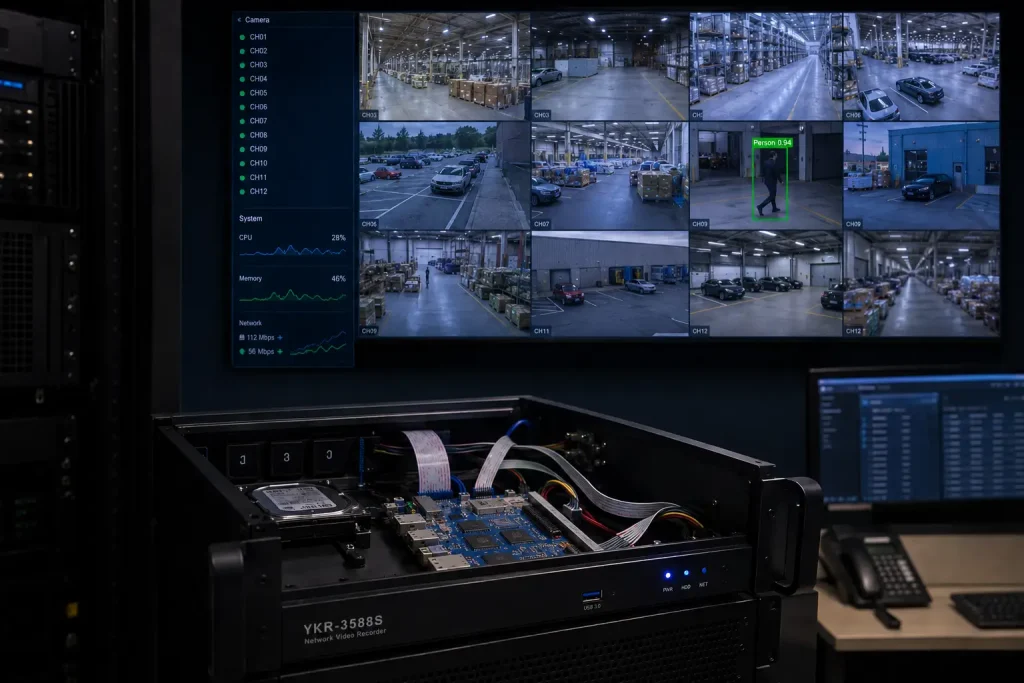 YKR-3588S board installed in compact NVR enclosure connected to multiple security camera feeds on monitor wall