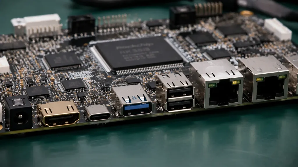 Close-up of the high-density PCB copper routing traces and physical side-panel interface ports on a Smeiker industrial edge gateway board.
