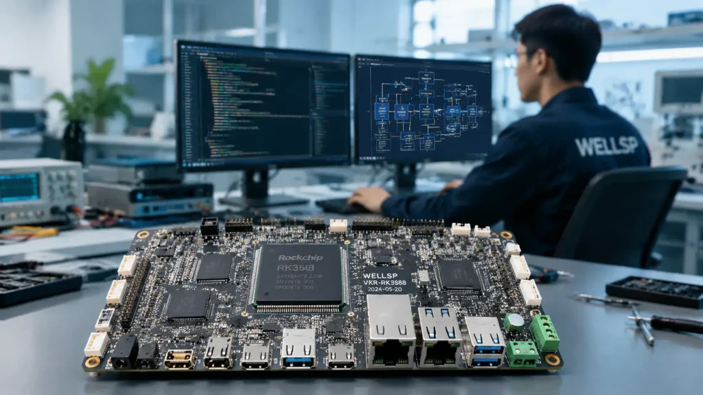 IEEKER RK3588 development board on an R&D lab workbench for Rockchip system porting and firmware development.