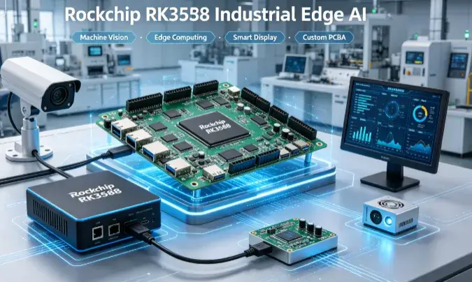 Rockchip RK3588 industrial edge AI application scenario with machine vision, smart display and custom PCBA
