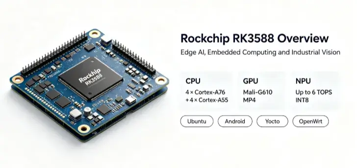 Rockchip RK3588 overview infographic showing CPU, GPU, NPU and supported operating systems