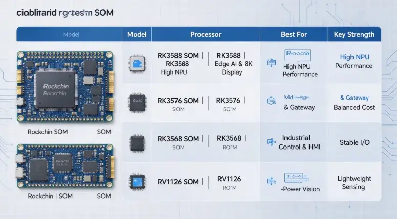 Rockchip SOM module comparison including RK3588, RK3576, RK3568 and RV1126
