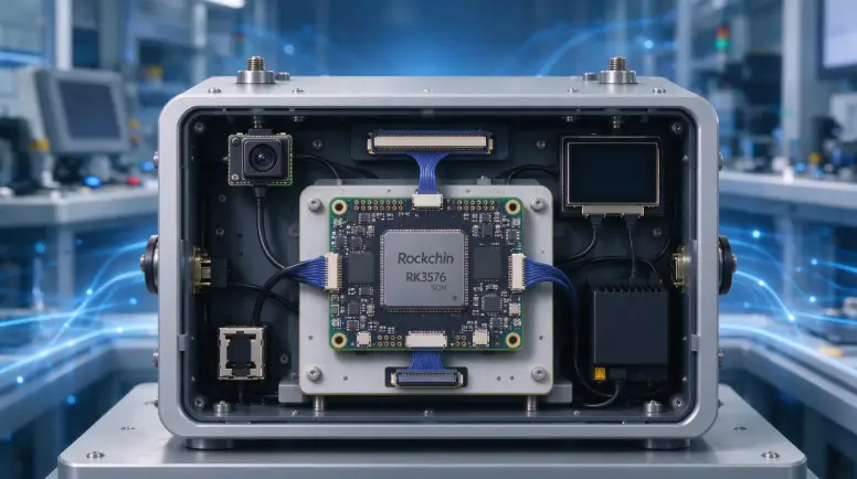RK3576 SOM board in industrial application, supporting digital signage, machine vision, edge AI and industrial HMI use cases