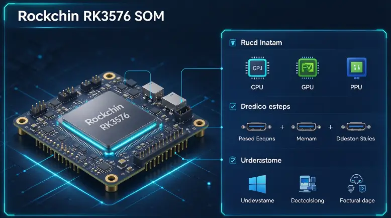 Rockchip RK3576 SOM specifications overview, including CPU, GPU, NPU, memory, display, OS and industrial applications